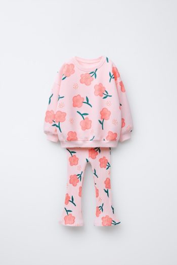 Girl's Cotton Pink Floral Patterned Sweatshirt Bell-bottom Leggings Set