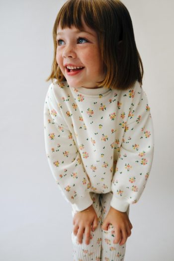 Girl's Cotton Ecru Floral Patterned Sweatshirt Bell-bottom Leggings Set