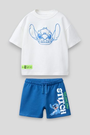 Boys' Cotton White Blue Stitch Printed T-Shirt and Shorts Set - Summer Fun