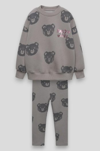 Girl's Cotton Gray Teddy Bear Patterned Sweatshirt Tights Set - Tokyo Text Detail