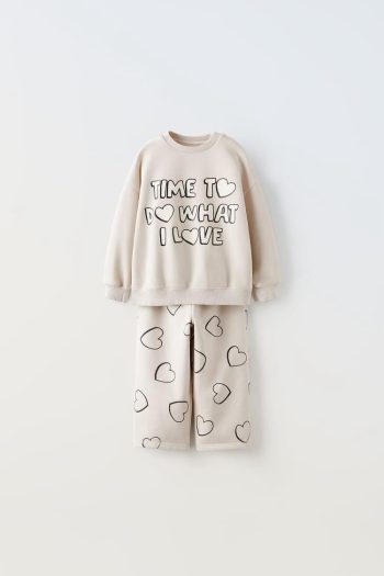 Girl's Cotton Ecru Heart Sweatshirt Wide Leg Tracksuit - ''Time to Do What I Love'' Written