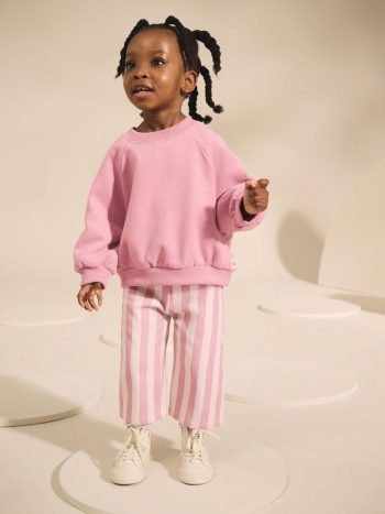 Girl's Cotton Pink Sweatshirt and Striped Wide Leg Tracksuit Top and Bottom Set