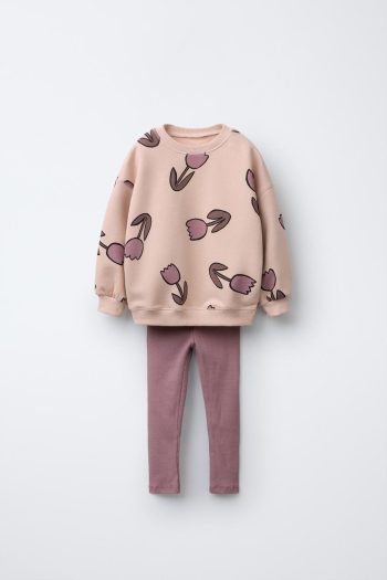 Girl's Cotton Floral Patterned Sweatshirt and Leggings Top-Bottom Set - Casual Set