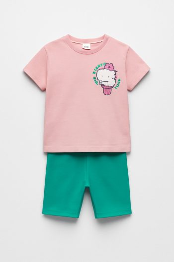 Girl's Cotton Pink Ice Cream Printed T-shirt and Green Shorts Set - Summer Fun Combination