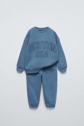 Boy's Cotton Blue Boston USA Printed Sweatshirt Tracksuit