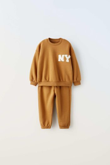 Unisex Children's Cotton Mustard ''NY'' Embroidered Sweatshirt Tracksuit Top-Bottom Set - Comfortable Fit