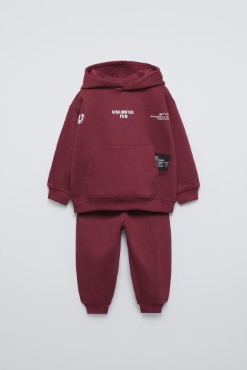 Boy's Cotton Burgundy ''Unlimited Fun'' Sweatshirt Tracksuit Top-Bottom Set - Hooded