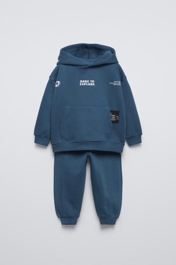 Boy's Cotton Navy Blue ''Dare to Explore'' Sweatshirt Tracksuit Top-Bottom Set - Hooded