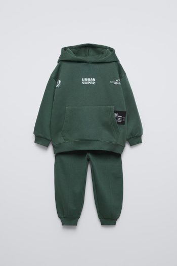 Boy's Cotton Printed Hooded Sweatshirt and Sweatpants Set - Green Top-Bottom Set