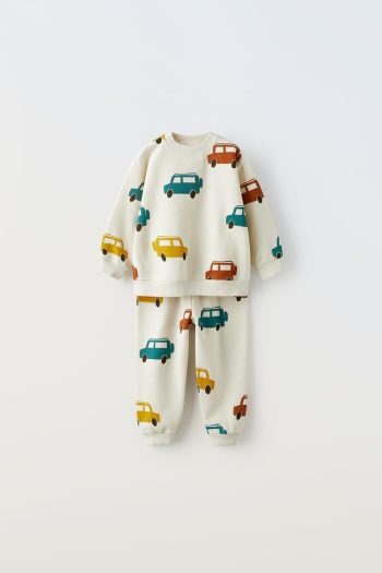 Boy's Cotton Car Patterned Sweatshirt and Sweatpants Top-Bottom Set - Casual Set