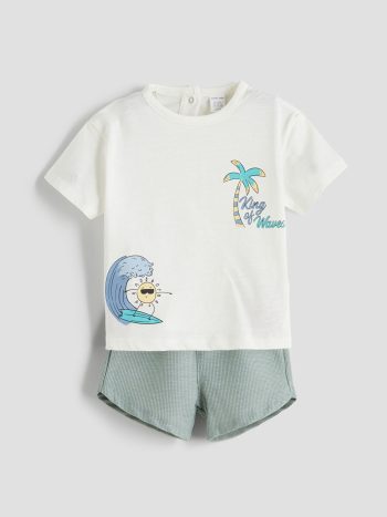 Ecru Printed Baby Boy T-Shirt and Shorts 2-piece