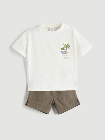 Ecru Printed Baby Boy T-Shirt and Shorts 2-piece