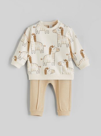 LCW baby Ecru Printed Baby Boy Sweatshirt and Tracksuit Bottom 2 Pcs