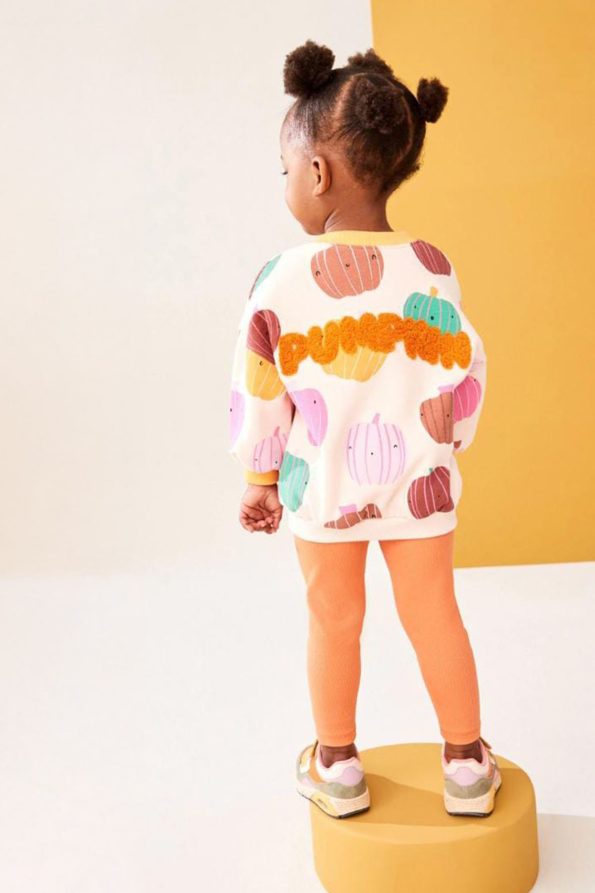 Pumpkin Print Embroidered Girls' Outfit - Orange