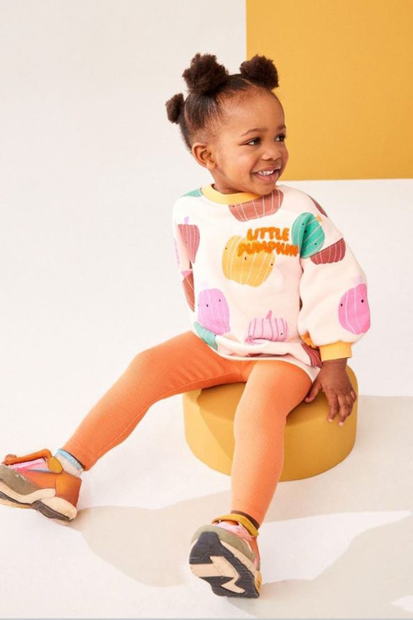 Pumpkin Print Embroidered Girls' Outfit - Orange