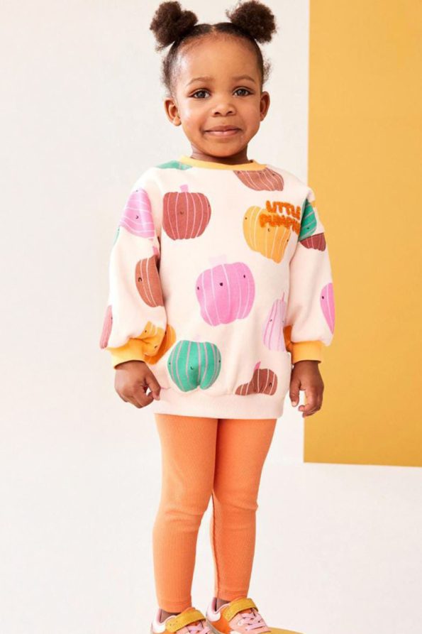 Pumpkin Print Embroidered Girls' Outfit - Orange