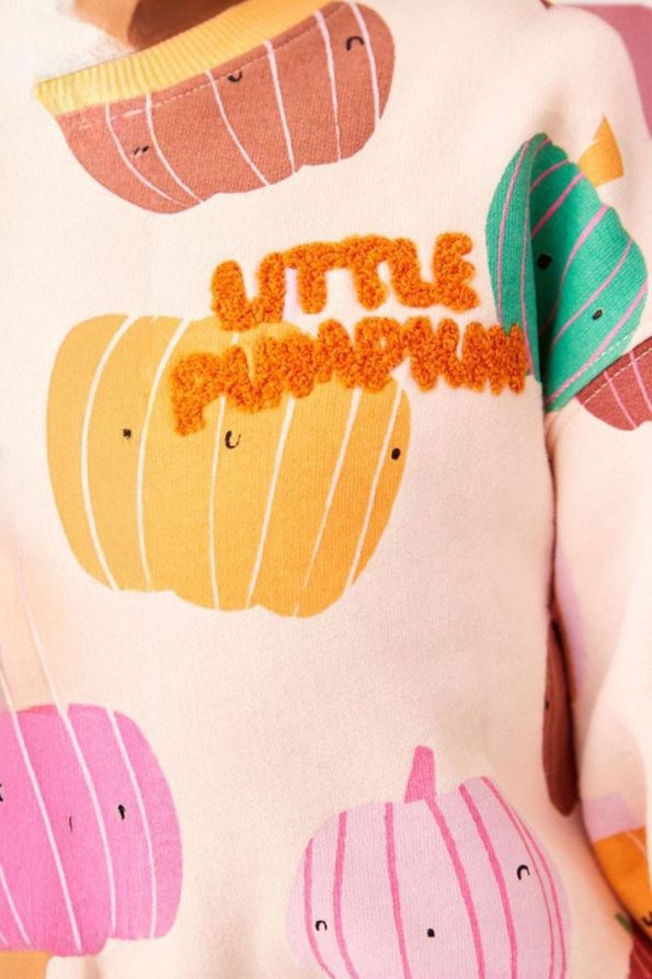Pumpkin Print Embroidered Girls' Outfit - Orange