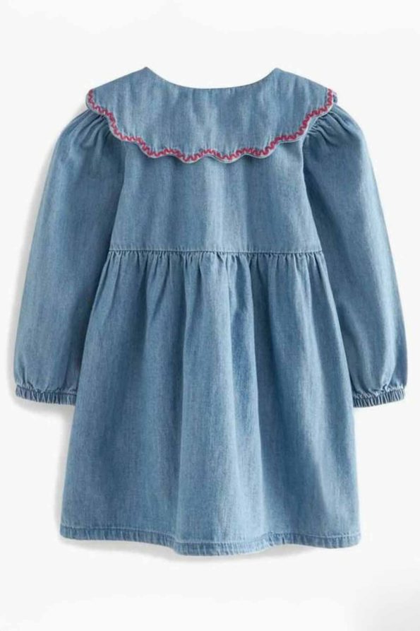 Cherry Embroidered Collar Button Detail Denim Dress for Girls - Blue