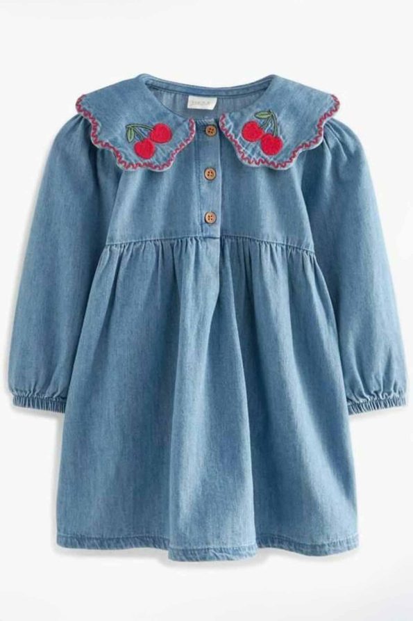 Cherry Embroidered Collar Button Detail Denim Dress for Girls - Blue