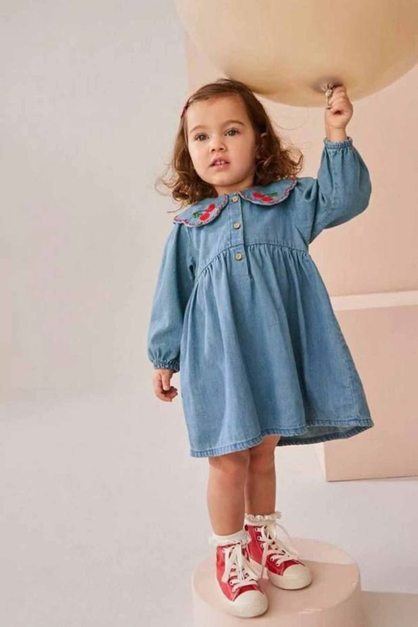 Cherry Embroidered Collar Button Detail Denim Dress for Girls - Blue