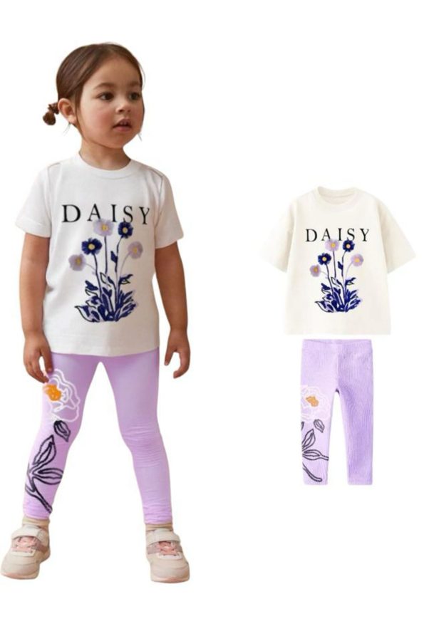 Daisy Floral Embroidery Detailed Girls' Leggings Set - Lilac