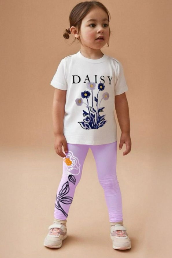 Daisy Floral Embroidery Detailed Girls' Leggings Set - Lilac