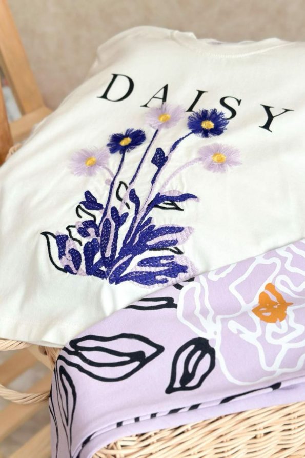 Daisy Floral Embroidery Detailed Girls' Leggings Set - Lilac