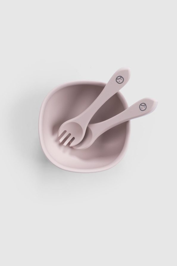 Silicone Vacuum Pink Feeding Plate and Fork Spoon Set