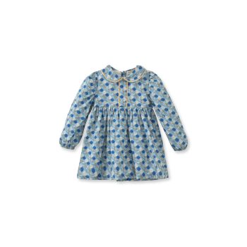 Floral Velvet Trimmed Blue Cotton Dress