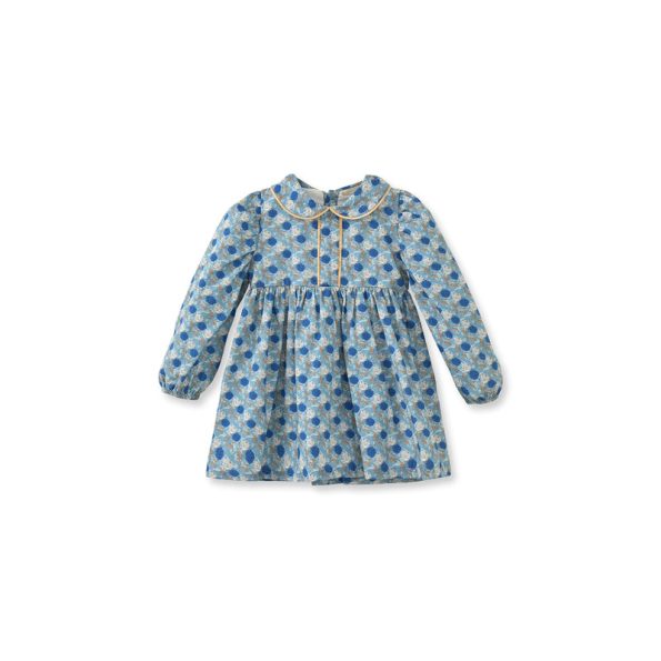 Floral Velvet Trimmed Blue Cotton Dress