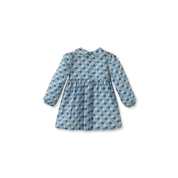 Floral Velvet Trimmed Blue Cotton Dress