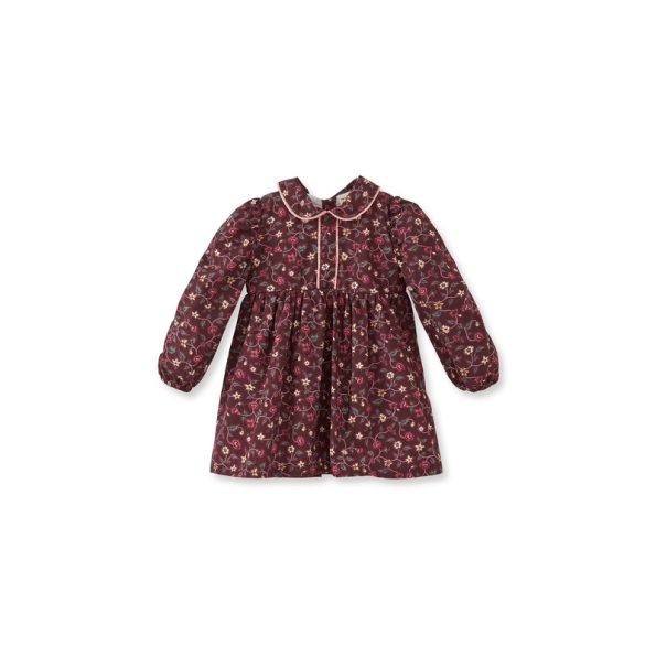 Floral Velvet Trimmed Burgundy Cotton Dress