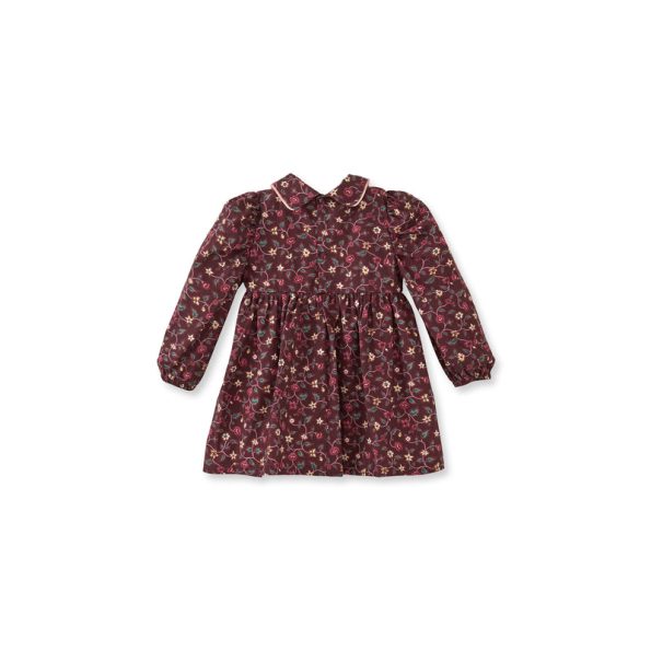 Floral Velvet Trimmed Burgundy Cotton Dress