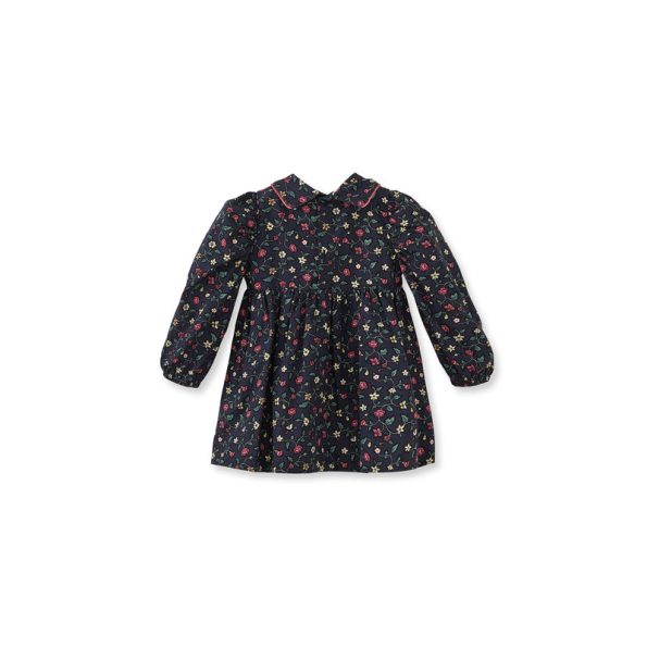 Floral Patterned Velvet Trimmed Navy Cotton Dress