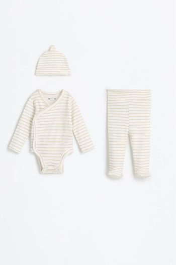 Three-Piece Bodysuit, Footed Leggings and Hat Set