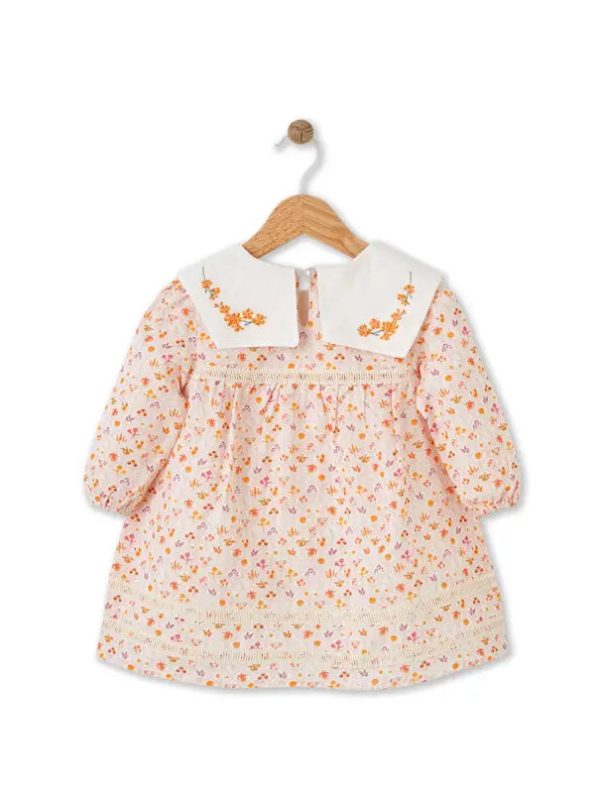 Bloomy Spring Patterned Long Sleeve Orange Dress
