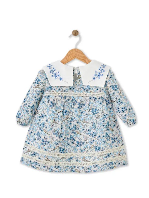 Bloomy Spring Patterned Long Sleeve Blue Dress