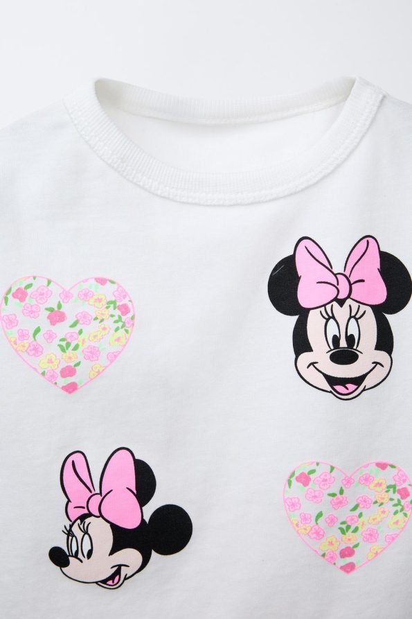Girls' Cotton White Minnie Mouse Printed Outfit with Heart Floral Shorts