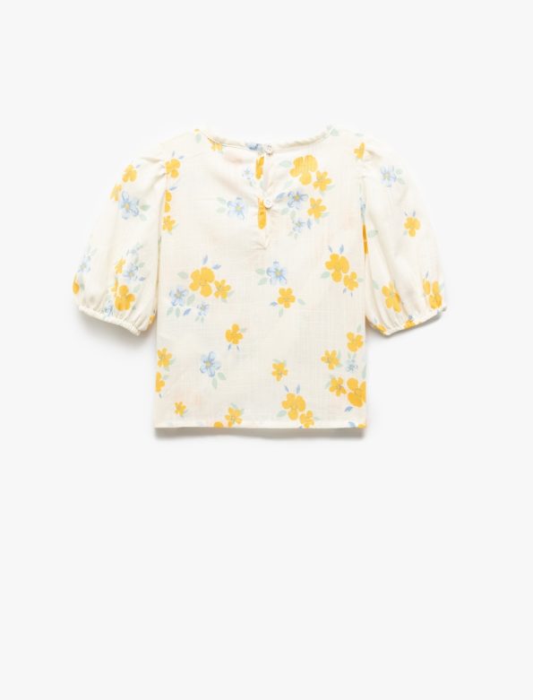 Girls' Floral Blouse with Asymmetric Cut and Balloon Sleeves