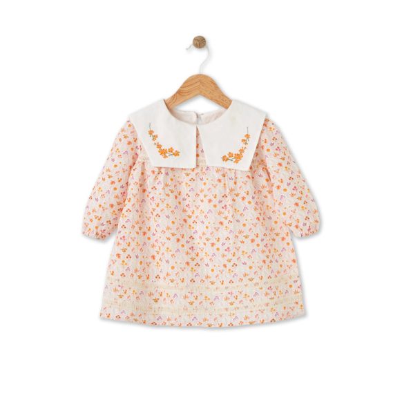 Bloomy Spring Patterned Long Sleeve Orange Dress