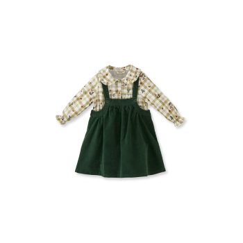 Green Velvet Pinafore and Patterned Shirt Set