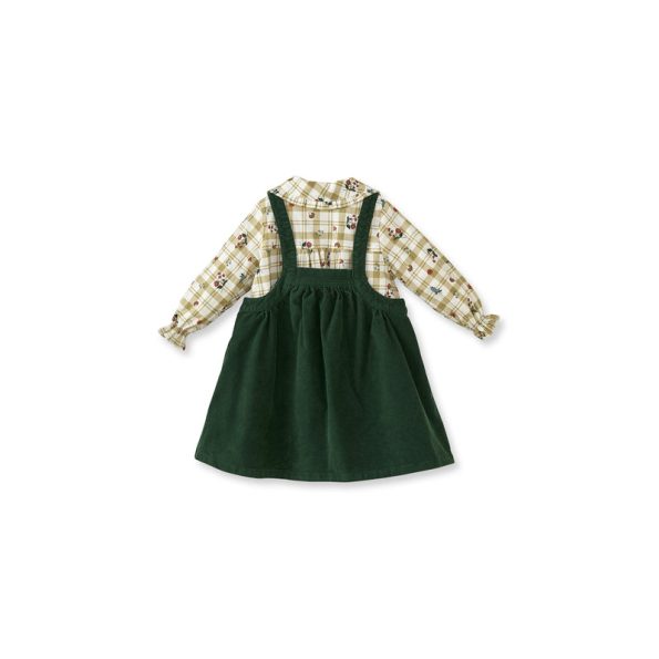 Green Velvet Pinafore and Patterned Shirt Set