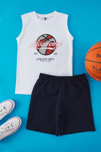Trendyolmilla Kids White Boys' 100% Cotton Basketball Print Tank Top and Shorts Set