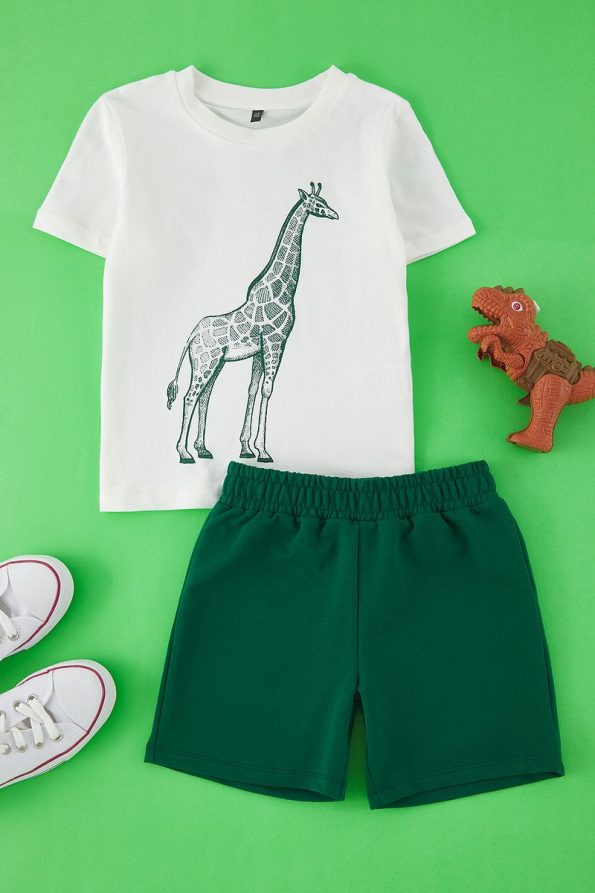 Trendyolmilla Kids Cream Cotton Giraffe Print Short Sleeve Set