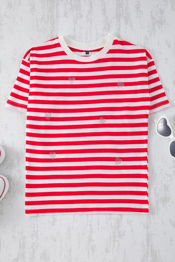 Trendyolmilla Kids Red Striped Cotton Heart Embroidered Oversized Short Sleeve T-Shirt