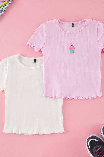 Trendyolmilla Kids Cream-Pink 2-Pack Girls' Cotton Crop Short Sleeve T-Shirt