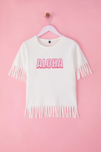 Trendyolmilla Kids Cream Cotton Slogan Print Regular Fit Fringed Short Sleeve T-Shirt