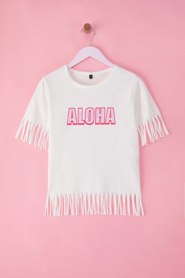 Trendyolmilla Kids Cream Cotton Slogan Print Regular Fit Fringed Short Sleeve T-Shirt