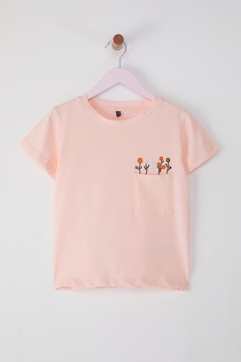 Trendyolmilla Kids Pink Cotton Floral Pocket Short Sleeve T-Shirt