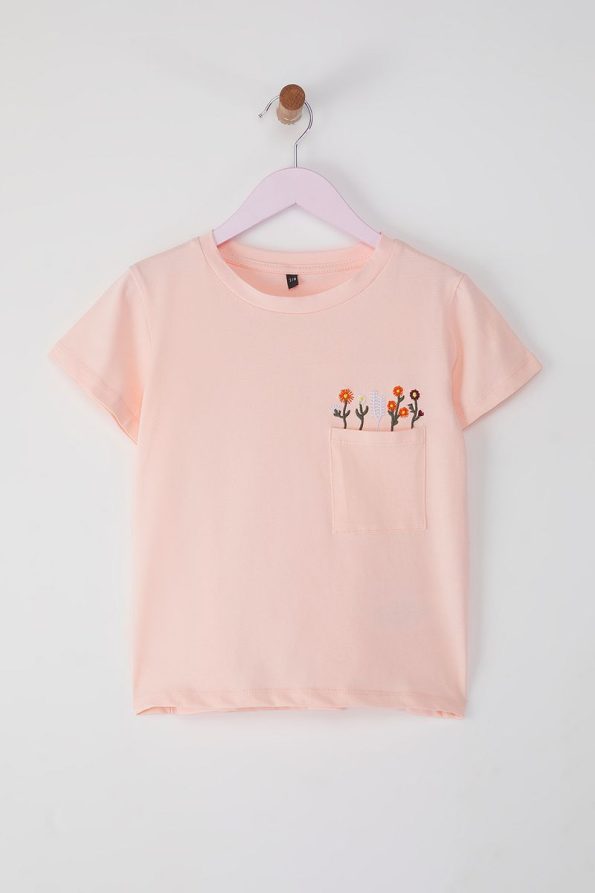 Trendyolmilla Kids Pink Cotton Floral Pocket Short Sleeve T-Shirt